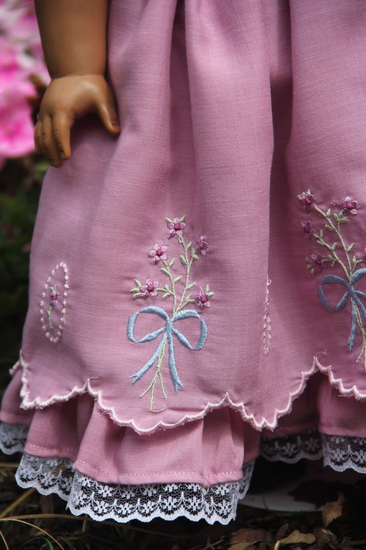 Scalloped Kathy Harrison (custom keepsakes) border design on a gorgeous 18" doll dress