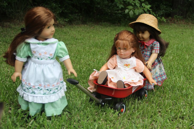 Doll adventures with stitching with Elli- Felicity and Samantha play with the wagon