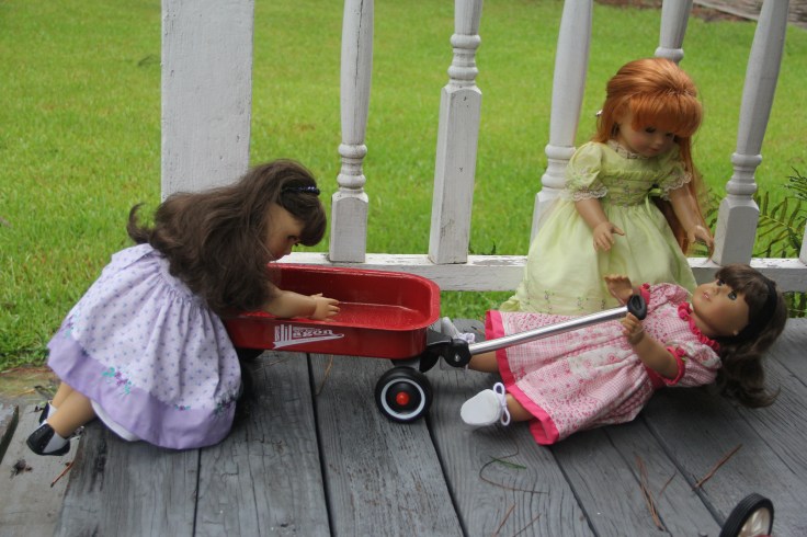 oops! Samantha fell over when the wagon came up over the step- a 18" doll adventure by stitching with Elli