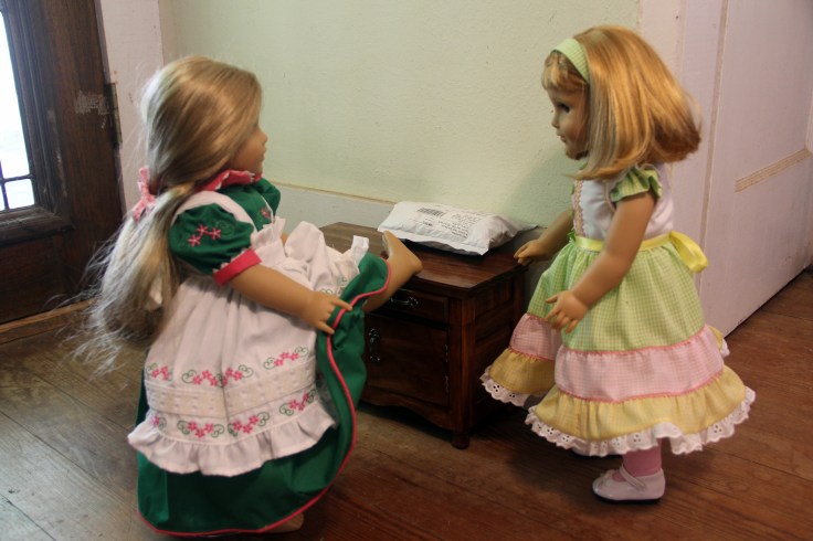 Elizabeth is hoping for shoes in her package!- a 18" doll adventure by stitching with Elli