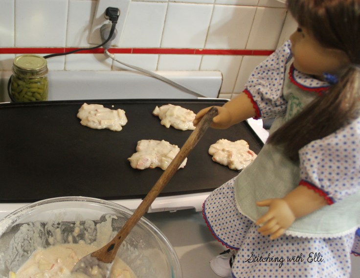 Baking pancakes for breakfast, they look a little lumpy though!- a 18" doll adventure by Stitching with Elli