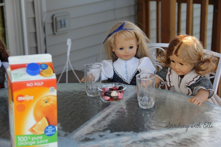 Jelly beans and orange juice for breakfast...what a combination!!!- a 18" doll adventure by stitching With Elli