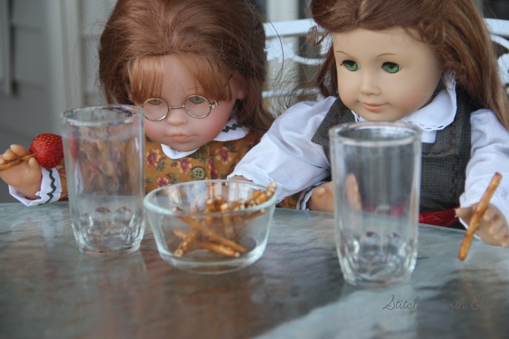 Pretzels and strawberry's make great snacks!- a 18" doll adventure by stitching with Elli