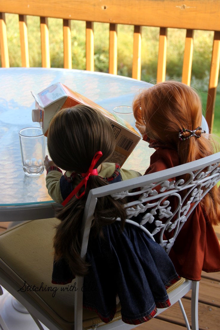 pouring orange juice for breakfast!- a 18" doll adventure by stitching with Elli