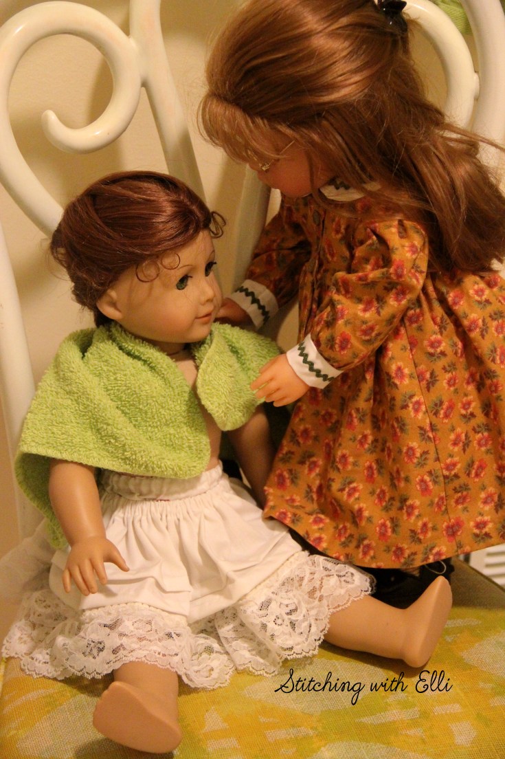 Ellen takes care of Felicity so she won't catch cold after she got wet- a 18" doll story by Stitching with Elli