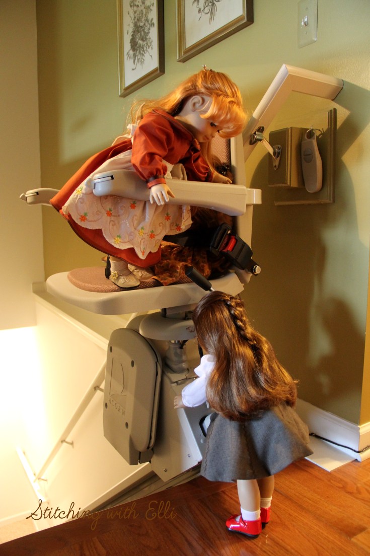 The dolls examin a strange chair on the stairs- a 18" doll story by Stitching with Elli