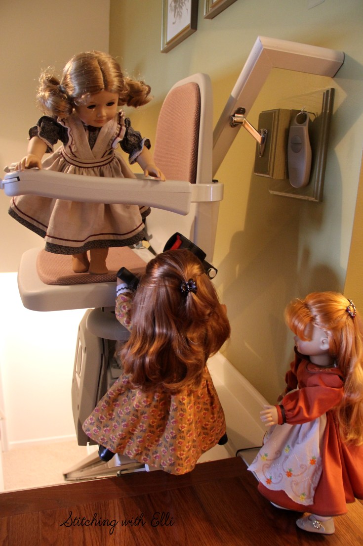 The dolls explore the lift chair- a 18" doll adventure by stitching with Elli