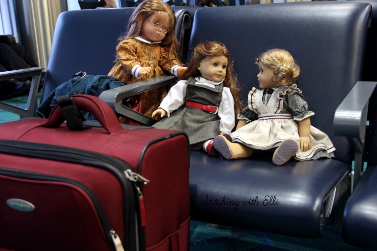 Chatting in the arport while waiting for their plane- a 18" doll adventure by Stitching with Elli