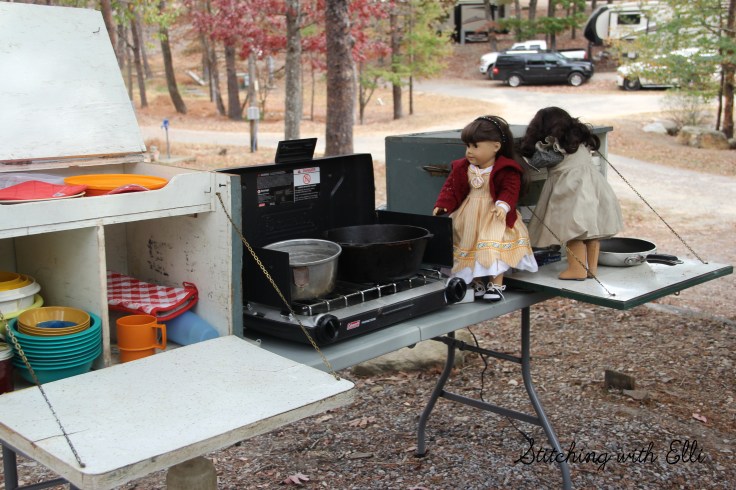 The dolls go camping in a vintage camper- a 18" doll story with american girls by stitching with Elli