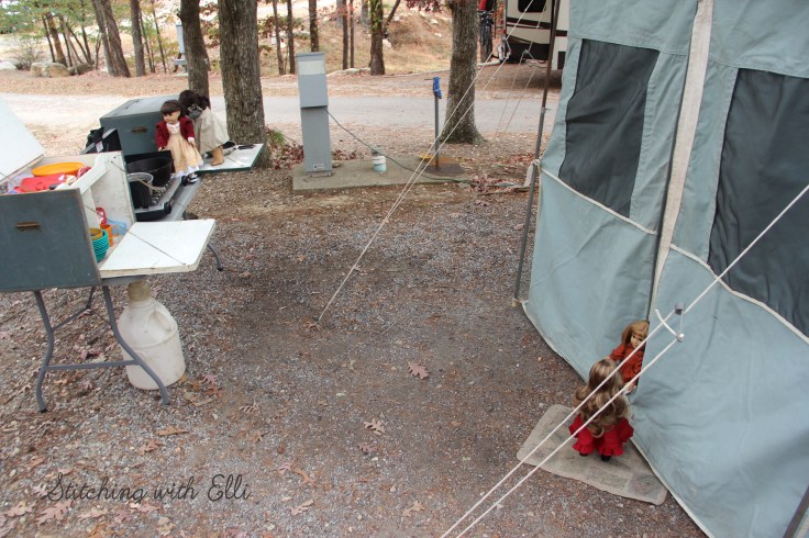 The dolls go camping in a vintage camper- a 18" doll story with american girls by stitching with Elli