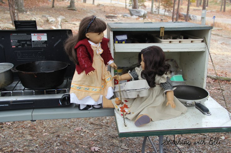 The dolls go camping in a vintage camper- a 18" doll story with american girls by stitching with Elli