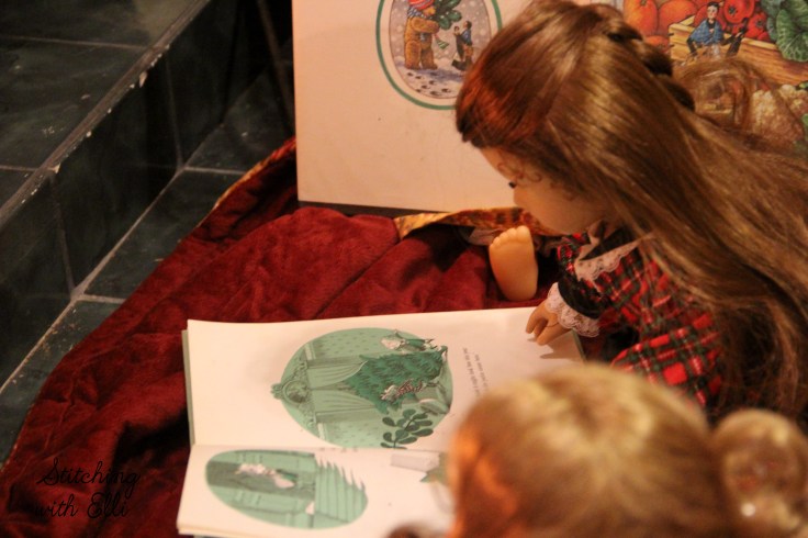 Reading Christmas books by the fire- Christmas with American Girls by Stitching with Elli