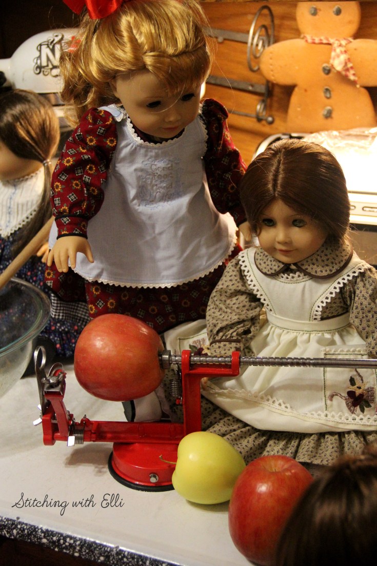 The great Thanksgiving pie bake! The girls are working on Apple pies- A Thanksgiving story with American girl dolls by Stitching with Elli