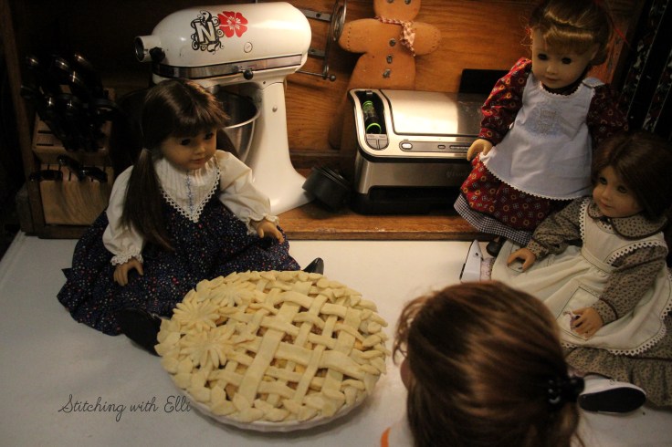 The great Thanksgiving pie bake! The girls are working on Apple pies- A Thanksgiving story with American girl dolls by Stitching with Elli