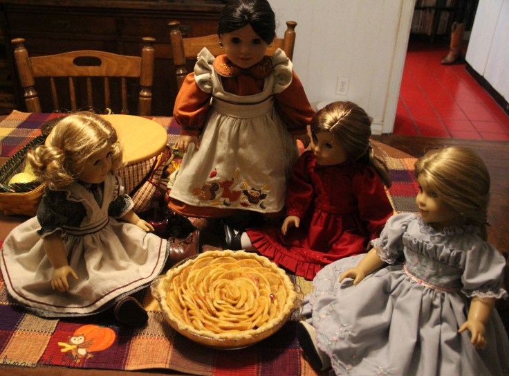 The great Thanksgiving pie bake! The girls are working on Apple pies- A Thanksgiving story with American girl dolls by Stitching with Elli