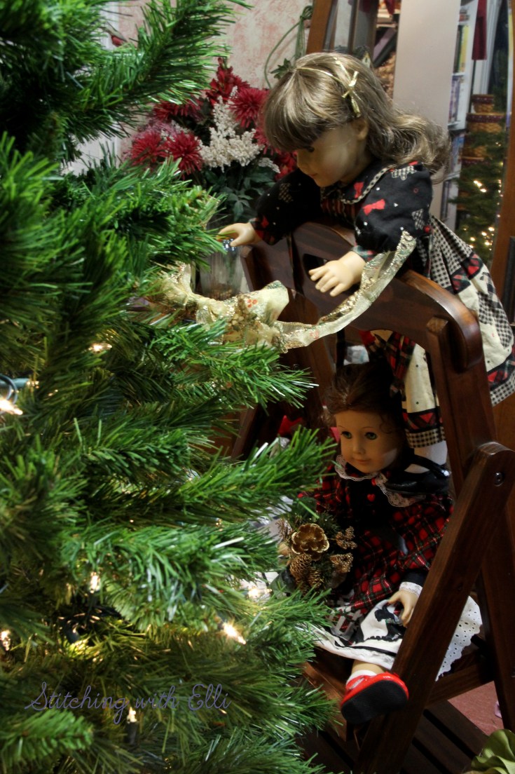 Putting up lights is hard work for dolls!- an American girl Christmas photostory by Stitching with Elli
