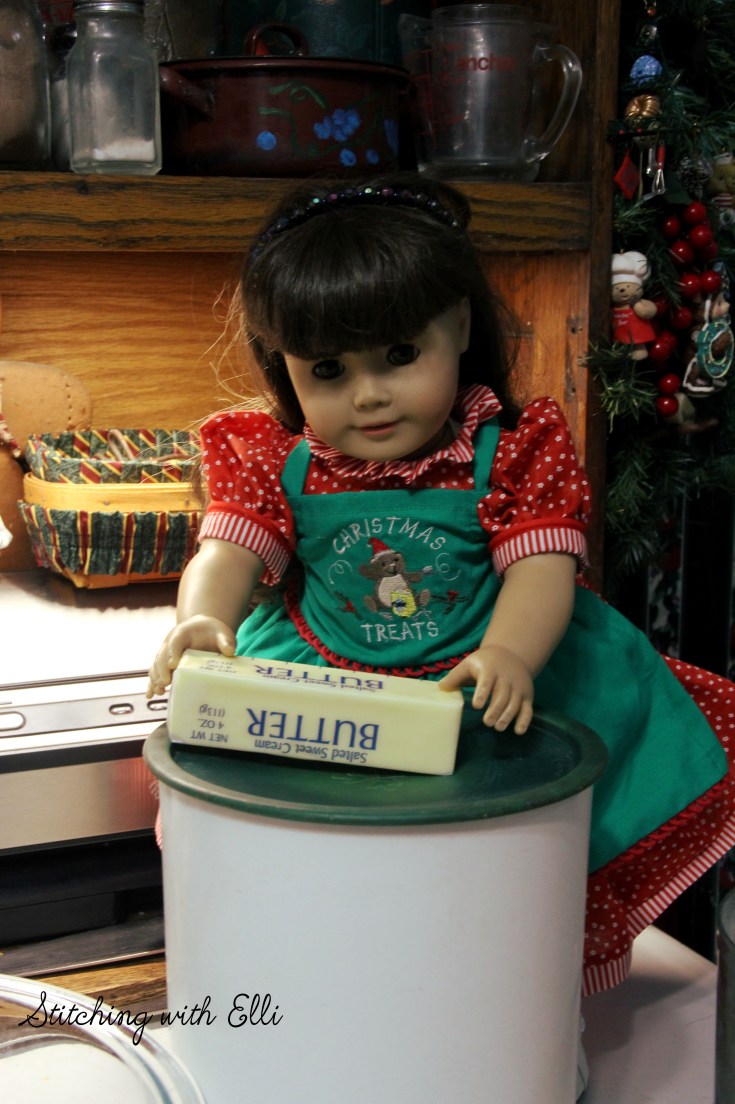 Ellen is baking Spritz cookies- a Christmas doll story by Stitching with Elli