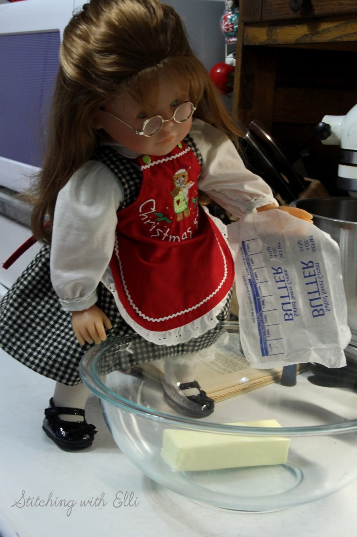 Ellen is baking Spritz cookies- a Christmas doll story by Stitching with Elli