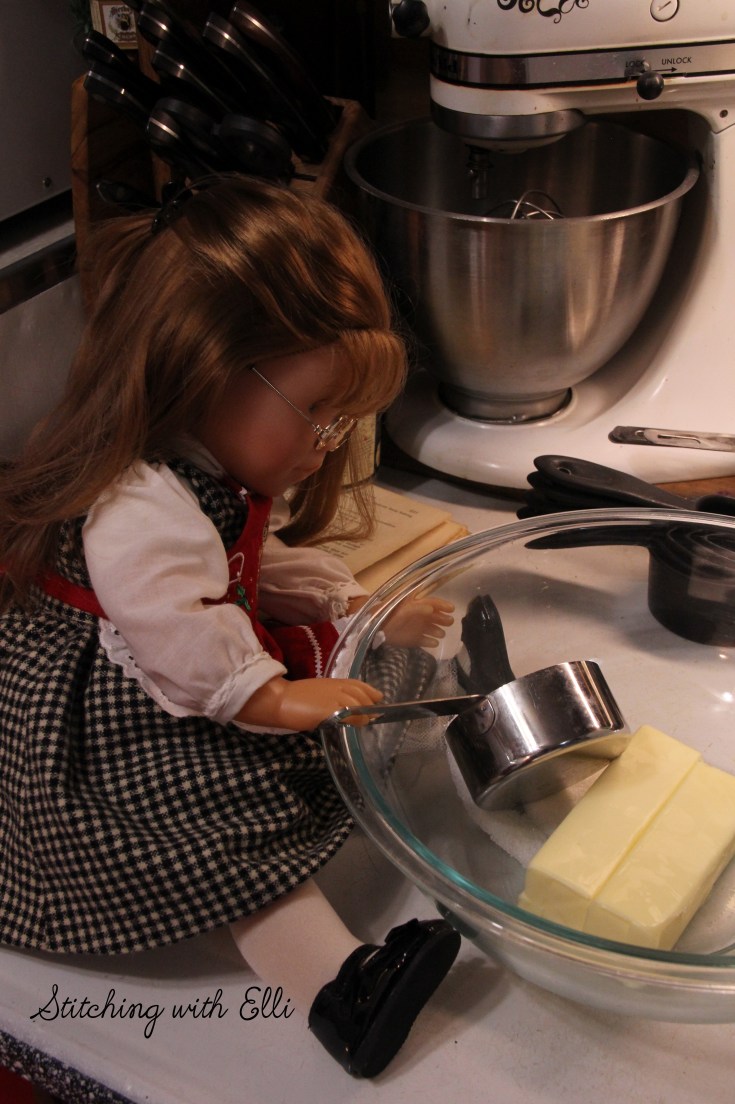 Ellen is baking Spritz cookies- a Christmas doll story by Stitching with Elli