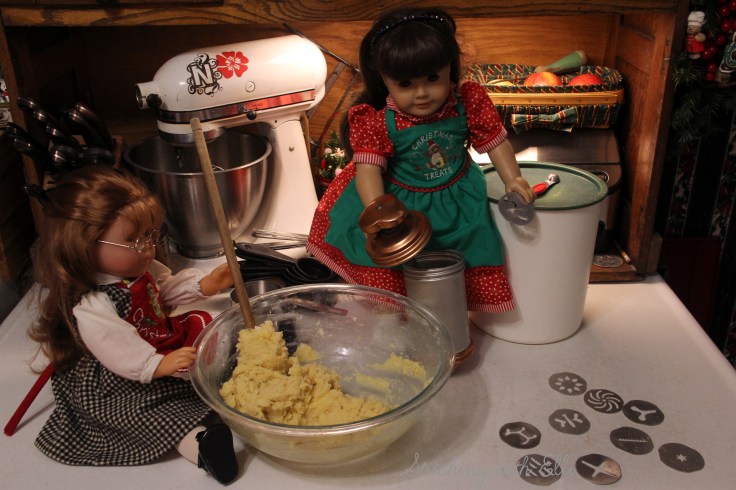 Ellen is baking Spritz cookies- a Christmas doll story by Stitching with Elli