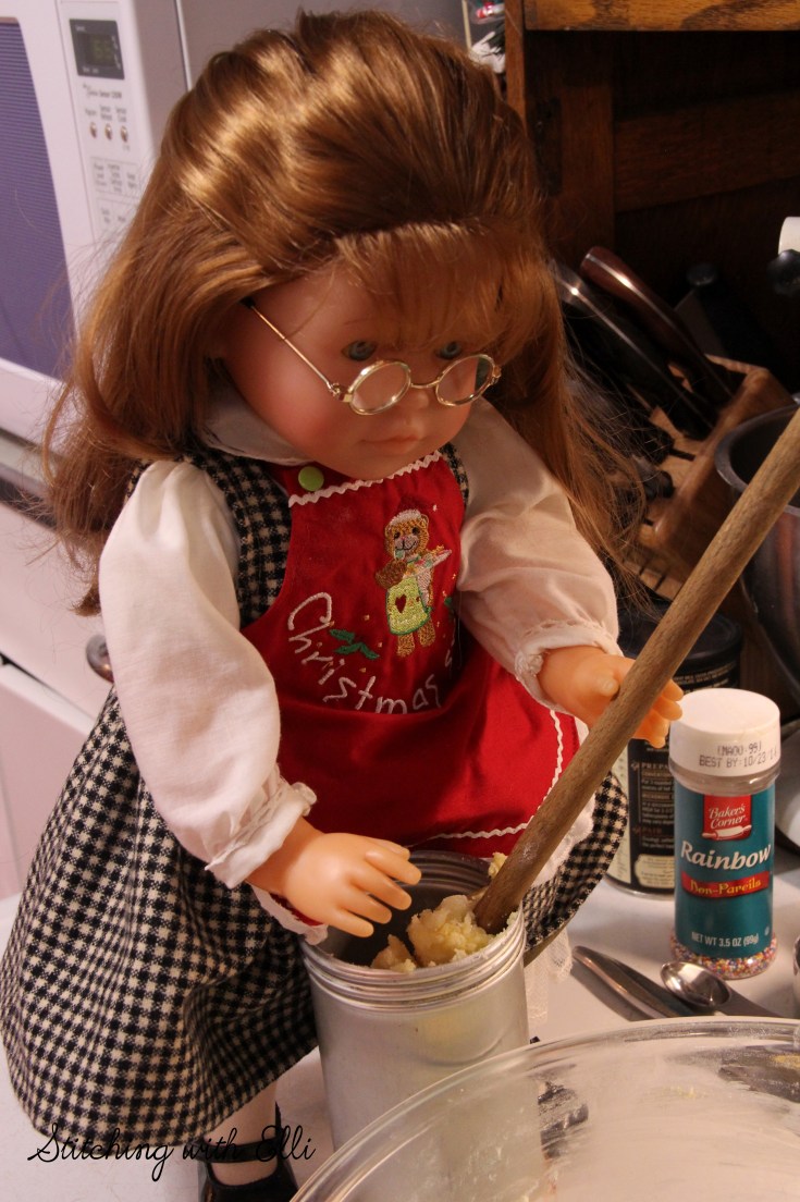 Ellen is baking Spritz cookies- a Christmas doll story by Stitching with Elli