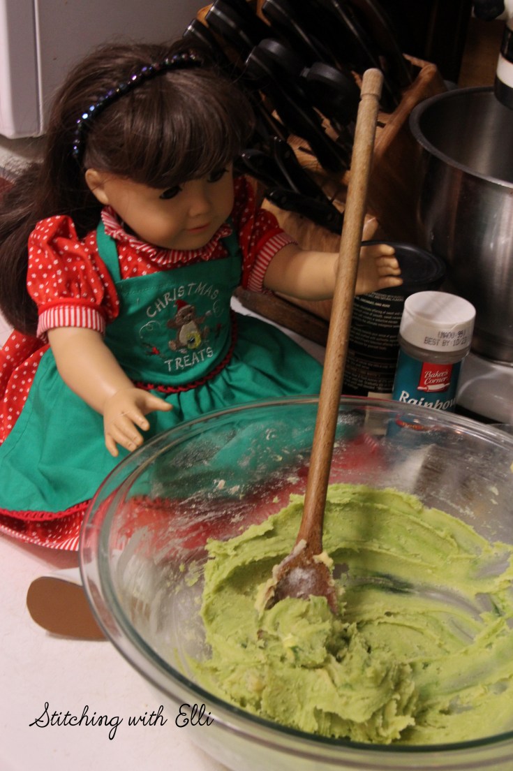 Ellen is baking Spritz cookies- a Christmas doll story by Stitching with Elli