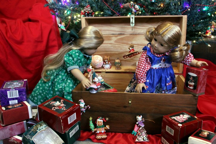 Elizabeth and Debbie help hang the ornaments on the tree- an American girl story by Stitching with Elli
