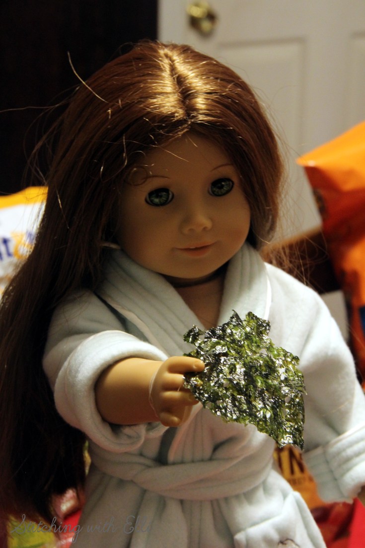 Felicity isn't sure about the dried sea weed snack- by Stitching with Elli