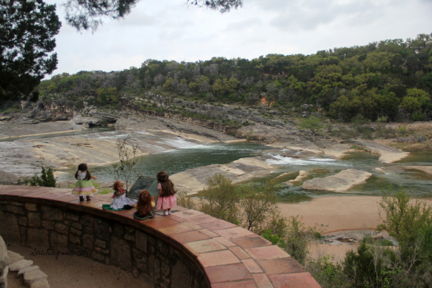 The Dolls visit Pedernales Falls state park TX- a 18" doll story by stitching with Elli