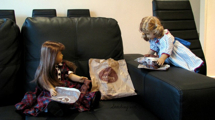 The Dolls enjoy Haigh's chocolate in Adalaide Australia- see the whole story on my blog www.stitchingwithelli.com