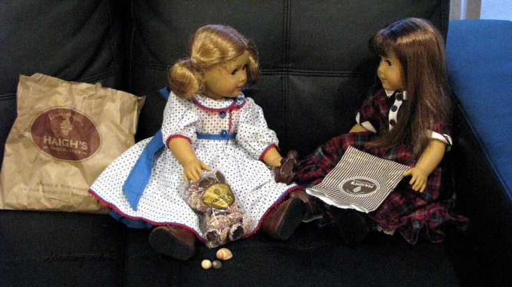 The Dolls enjoy Haigh's chocolate in Adalaide Australia- see the whole story on my blog www.stitchingwithelli.com
