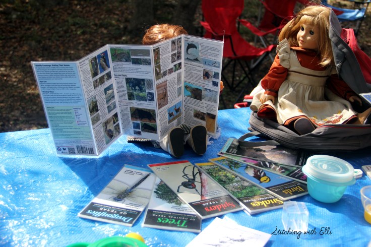 The dolls check their backpack before hiking- see the whole story on www.stitchingwithelli.com