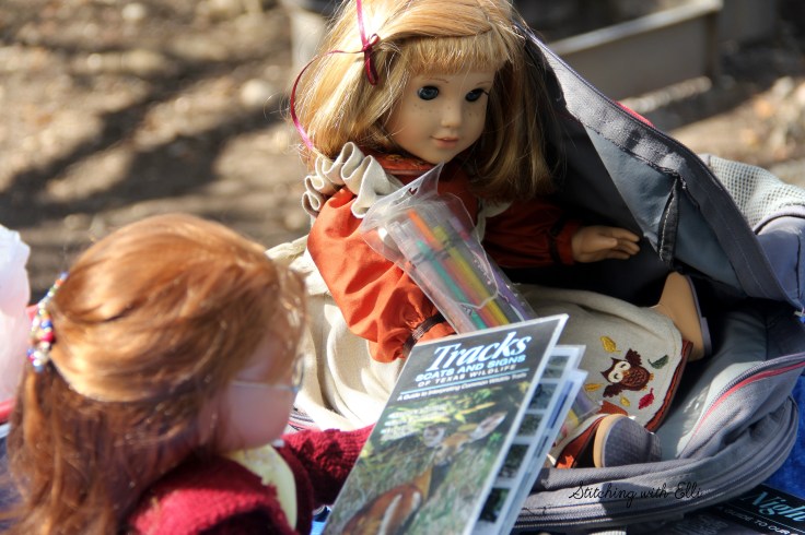 Nellie prepares for the hike- see the whole story on www.stitchingwithelli.com