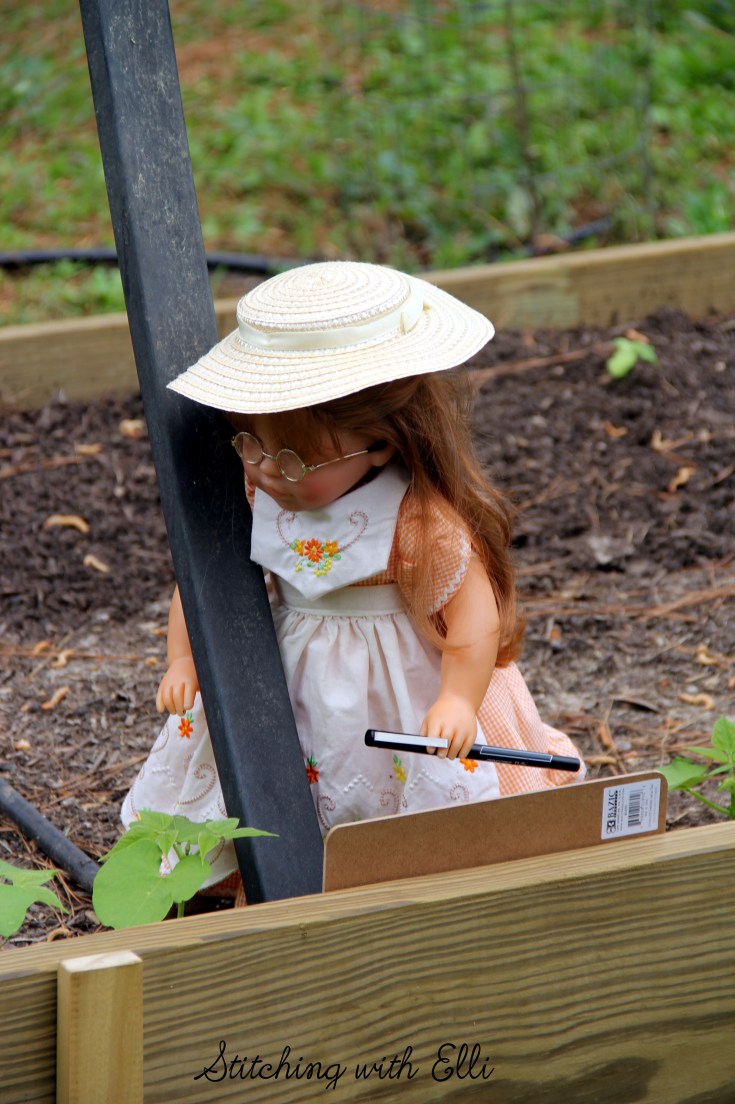 Ellen inspects the garden- see the whole story on www.stitchingwithelli.com