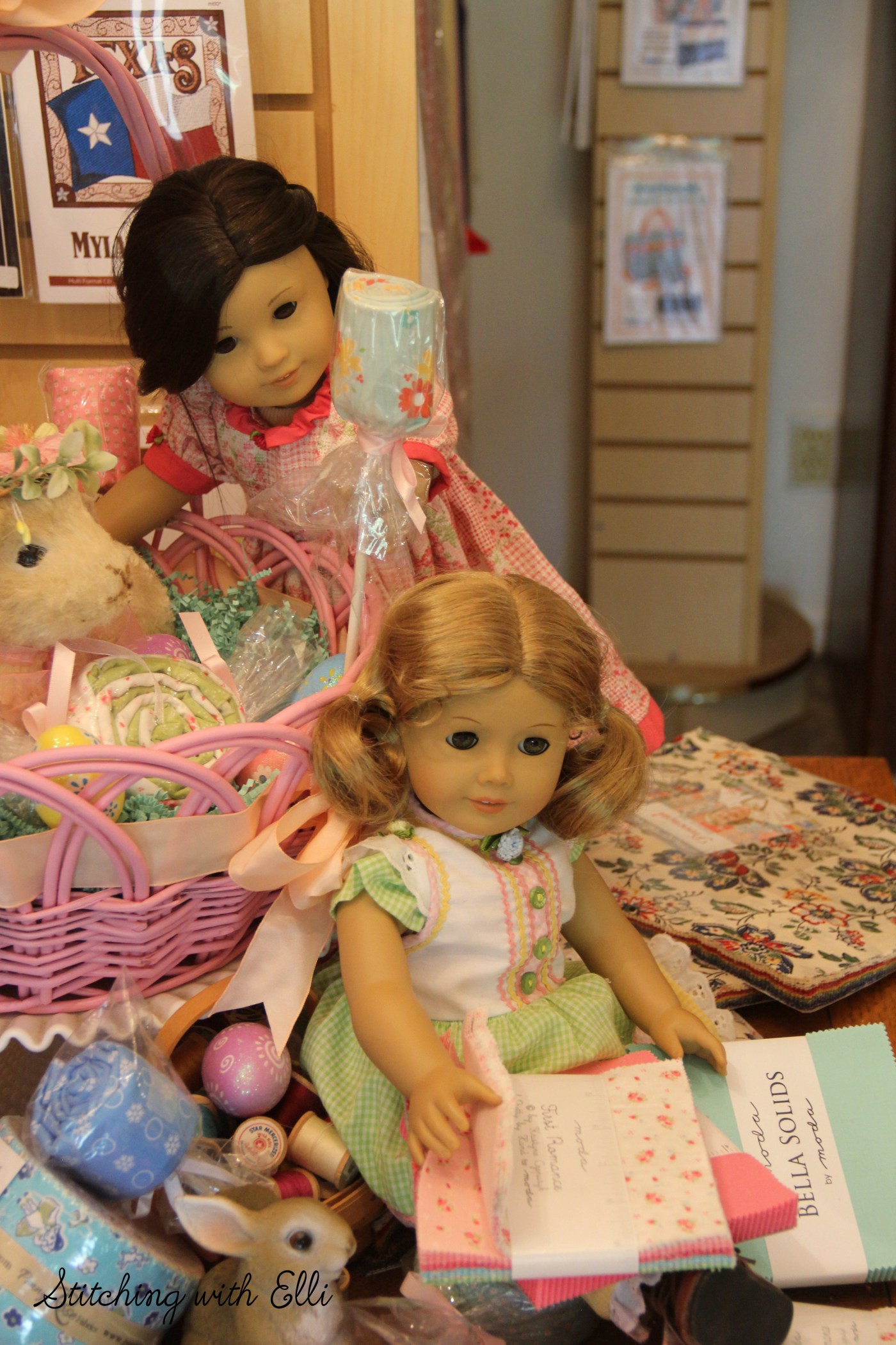 Dolls in a sewing store- see the whole story on www.stitchingwithelli.com